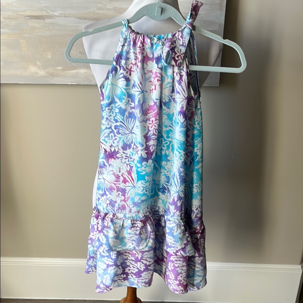Blue Ginger tropical floral tie-dye sundress with double ruffle hem